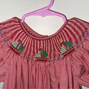 Red Checkered Kids Dress with Sailboat Embroidery